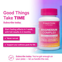 Pinkstork Magnesium Complex supplement bottle with promotional text on a gradient background