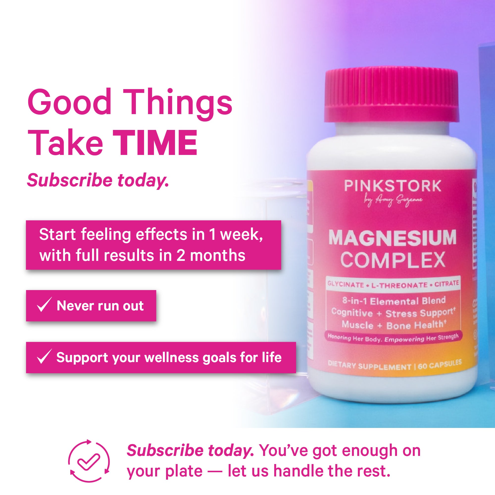 Pinkstork Magnesium Complex supplement bottle with promotional text on a gradient background