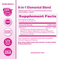 Supplement label for 8-in-1 Elemental Blend with pink and white design.