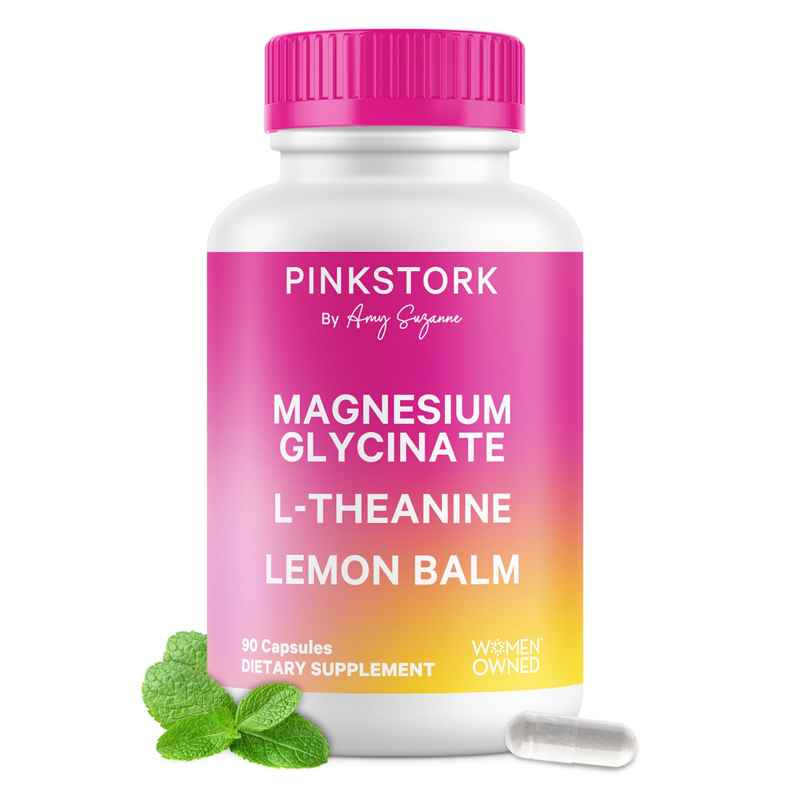 Supplement bottle with pink cap and colorful label on a white background