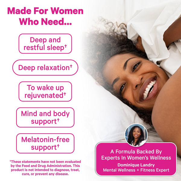 Advertisement for a product made for women who need deep sleep, relaxation, and rejuvenation, featuring a smiling woman lying in bed.