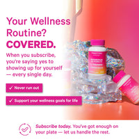 Pink bottle with text about a wellness routine subscription on a colorful background