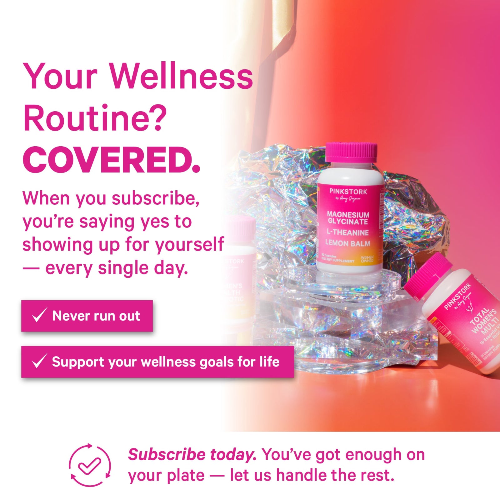 Pink bottle with text about a wellness routine subscription on a colorful background