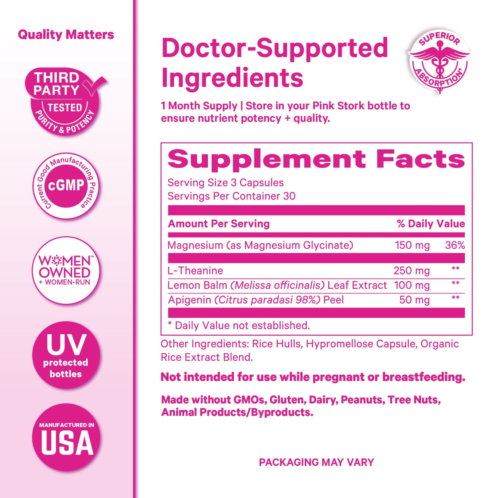 Supplement label with pink and white design, featuring ingredient list and supplement facts.