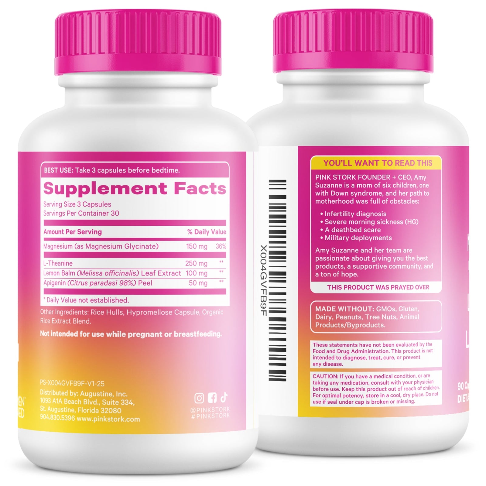 Two supplement bottles with pink caps and labels on a white background