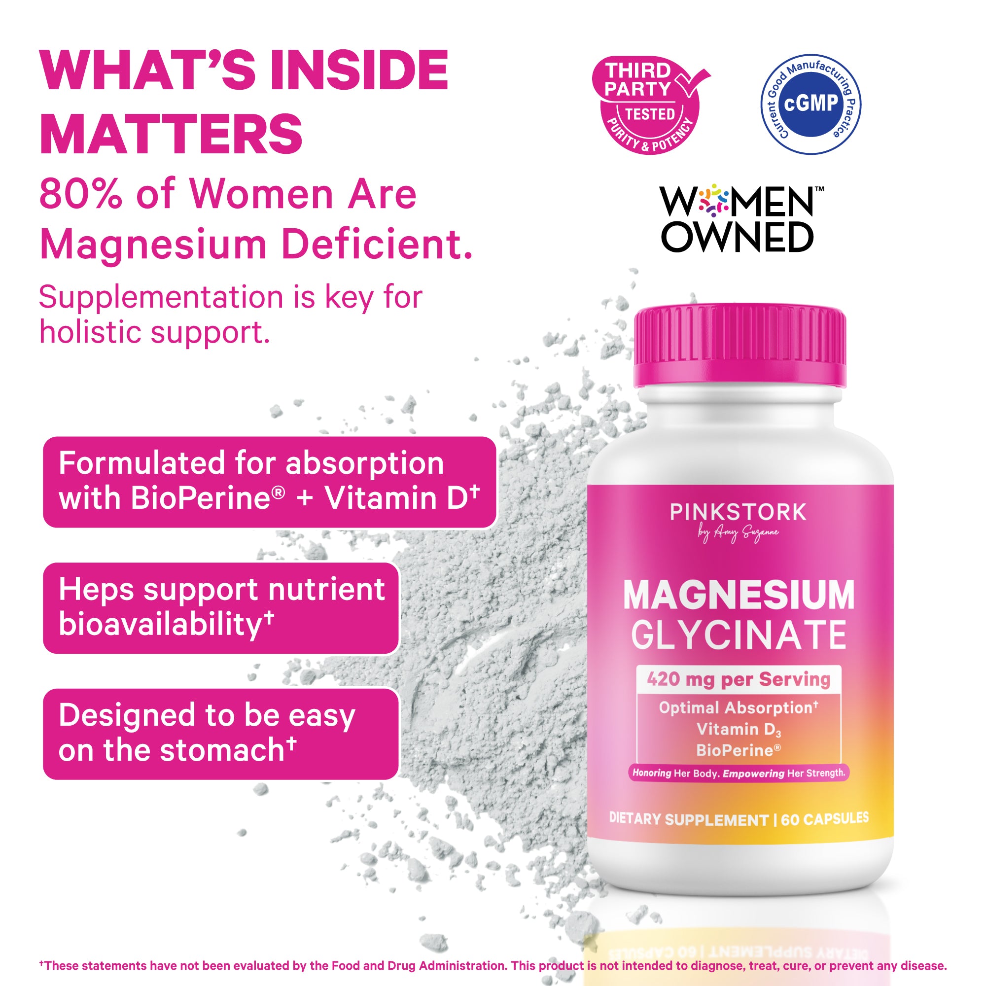 Magnesium glycinate supplement bottle with vitamin D3 and BioPerine listing benefits