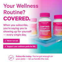 Pink Stork wellness supplements with subscription message encouraging daily routine and consistent use.