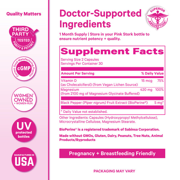 Supplement facts panel showing magnesium glycinate, vitamin D3, and BioPerine with third-party testing