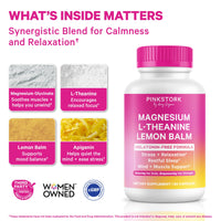Pink Stork Magnesium supplement bottle with ingredients and benefits on a white background