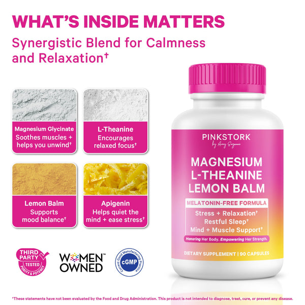 Pink Stork Magnesium supplement bottle with ingredients and benefits on a white background