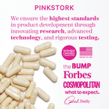 Pile of capsules spilling out across the bottom left corner. List of press logos that Pink Stork has been featured in.