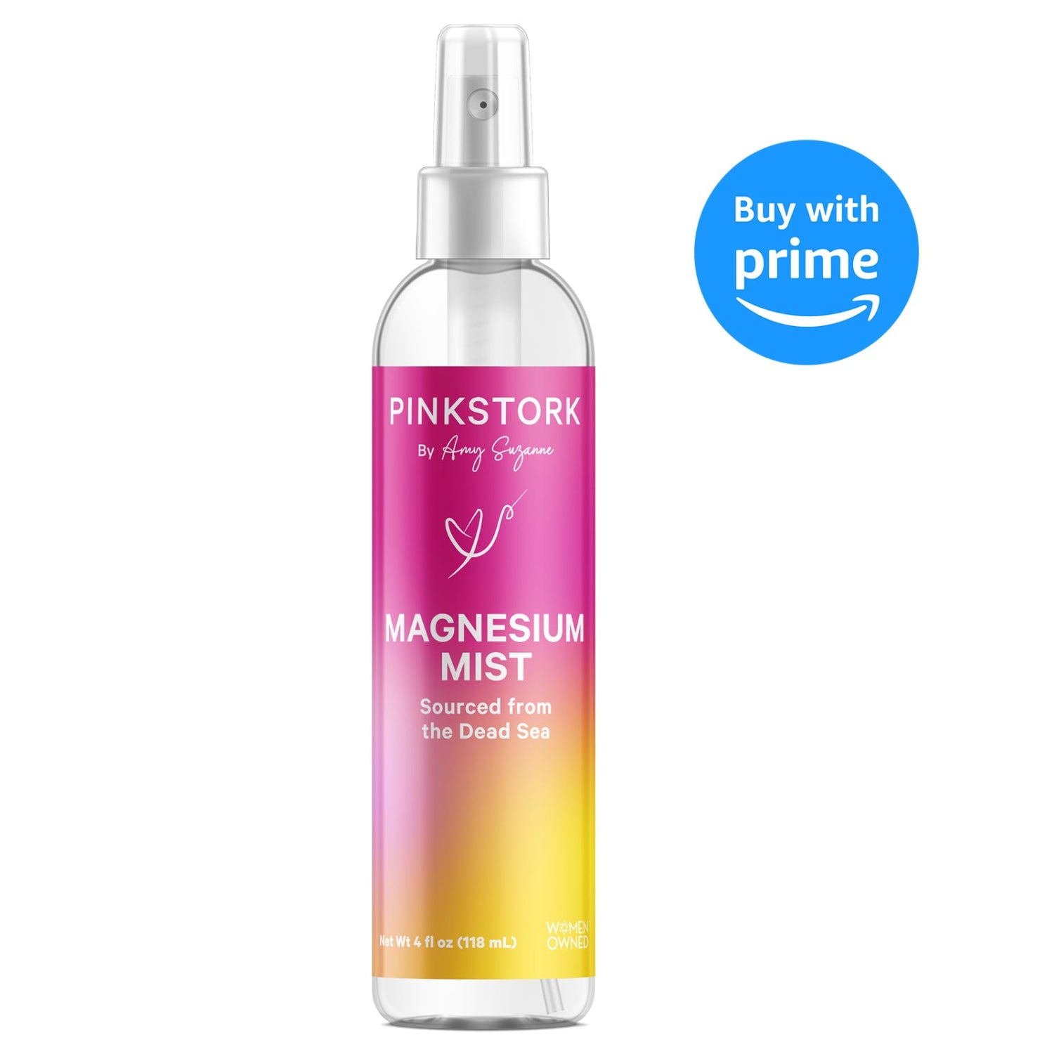 Pink Stork Magnesium Mist spray bottle with gradient label on a white background