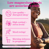 Woman in athletic-ware smiling while standing in the mountains. Low magnesium levels are associated with low quality + disrupted sleep, high cortisol + stress levels, mood swings, and morning sickness in pregnancy.