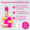 Four bottles of Pink Stork Magnesium Mist laying on top of one another. Magnesium from Dead Sea Salt. Directions on how to apply. Unscented and rapidly absorbing.