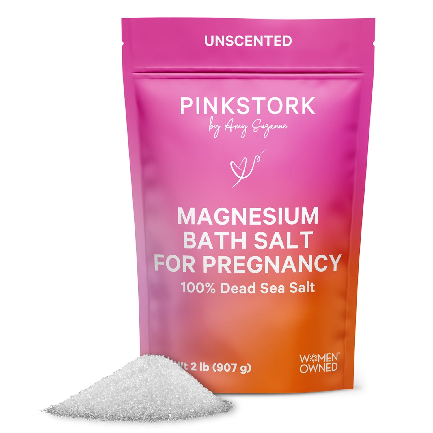 Pink Stork magnesium bath salt for pregnancy packaging with white powder on a white background