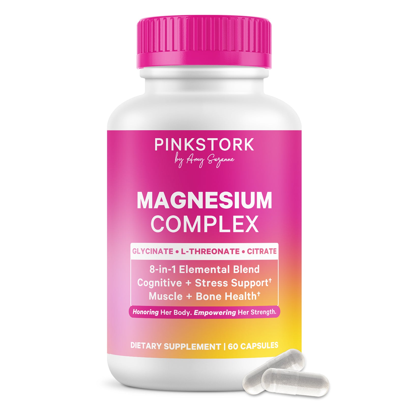 Supplement bottle labeled 'Pinkstork Magnesium Complex' on a white background