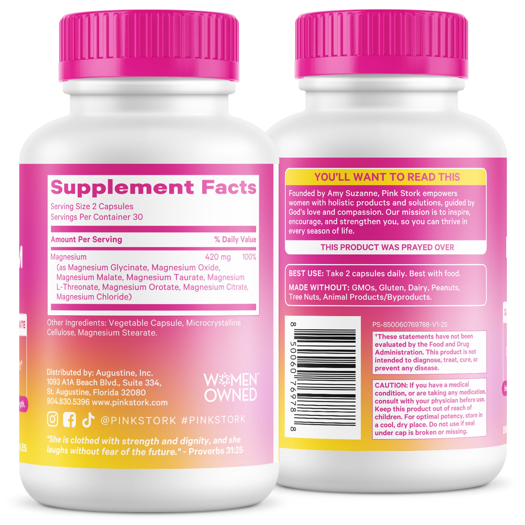 Two supplement bottles with pink caps on a white background