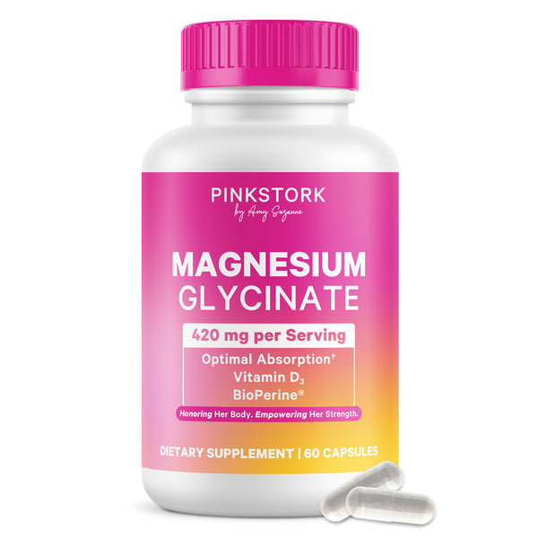 Pink Stork Magnesium Glycinate bottle in white background and 2 white capsules
