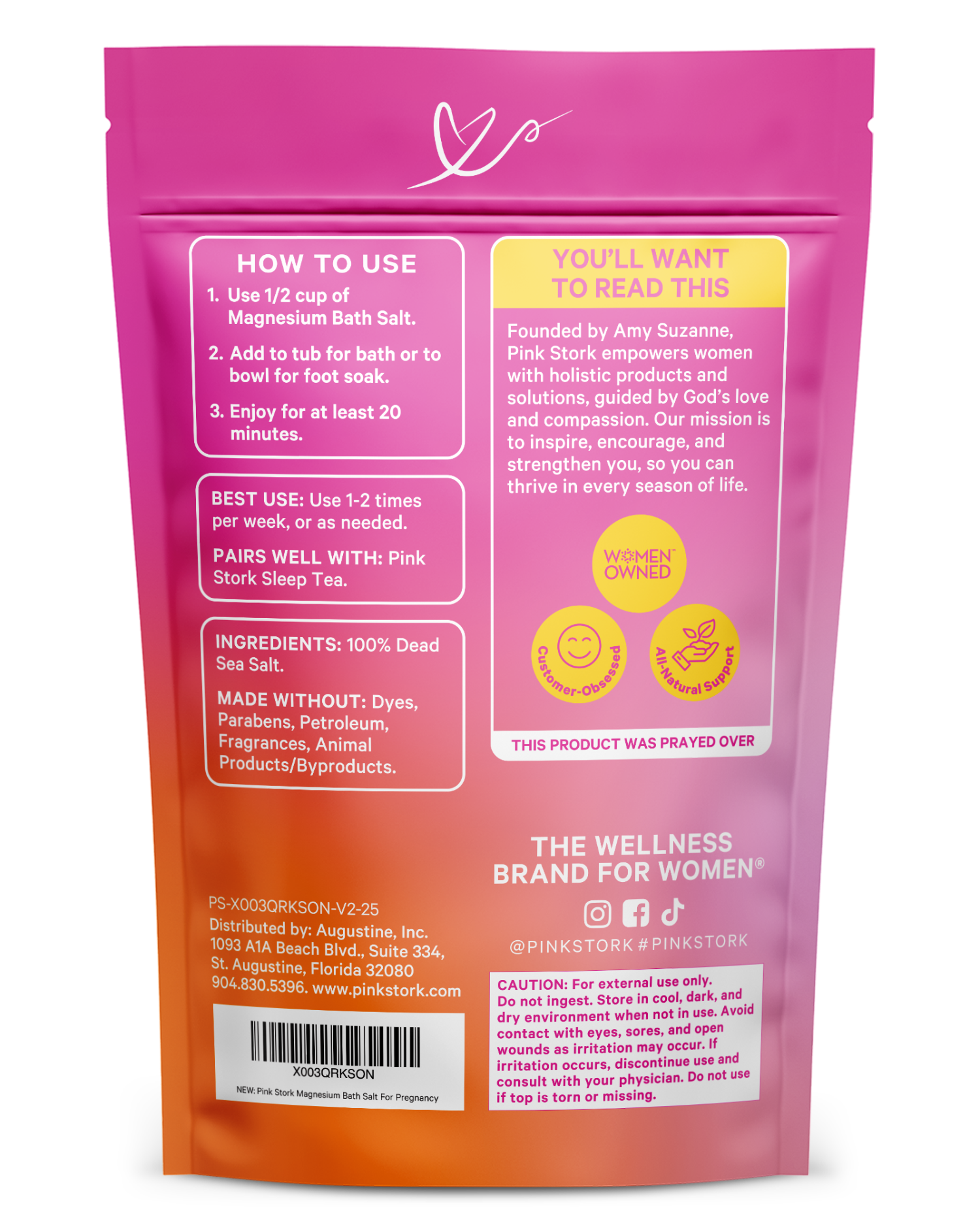 Pink and orange packaging with text and branding for a product, likely a bath salt, with a focus on wellness and women's health.