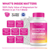 A dietary supplement bottle labeled PINKSTORK Magnesium Complex on a white background with marketing text, ingredient callouts, and certification logos. The bottle is pink and yellow, and the image includes a pile of white powder behind it.