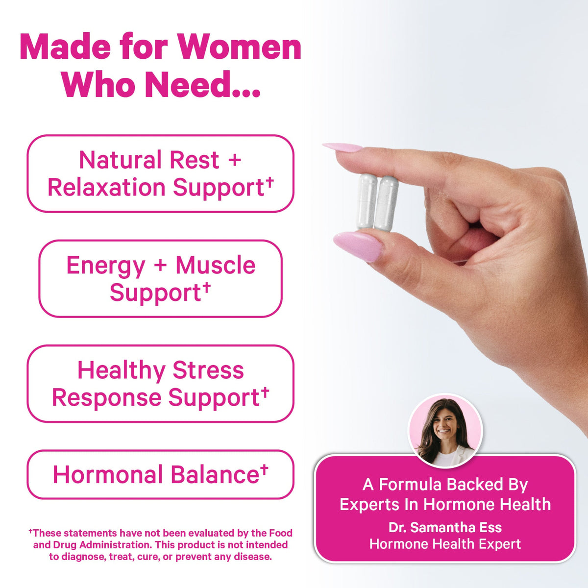 Promotional graphic for a women's hormone support formula. The image features a hand holding a clear vial with a silver cap, set against a white background with pink text and graphic callouts detailing benefits such as 'Natural Rest + Relaxation Support', 'Energy + Muscle Support', 'Healthy Stress Response Support', and 'Hormonal Balance'.