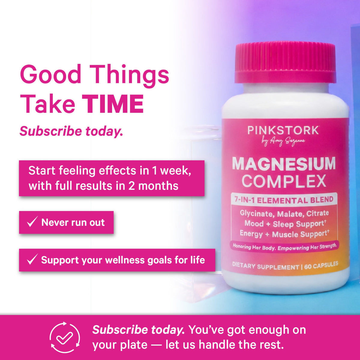 A bottle of Pink Stork Magnesium Complex dietary supplement with a bright pink cap and label, set against a pastel gradient background with promotional text overlays.