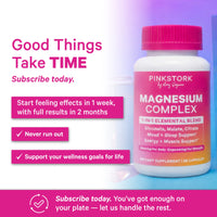 A bottle of Pink Stork Magnesium Complex dietary supplement with a bright pink cap and label, set against a pastel gradient background with promotional text overlays.