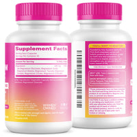 Two white supplement bottles with bright pink caps, showing the front and back labels of a dietary supplement. The front label reads 'Supplement Facts' and the back shows the full product information panel.