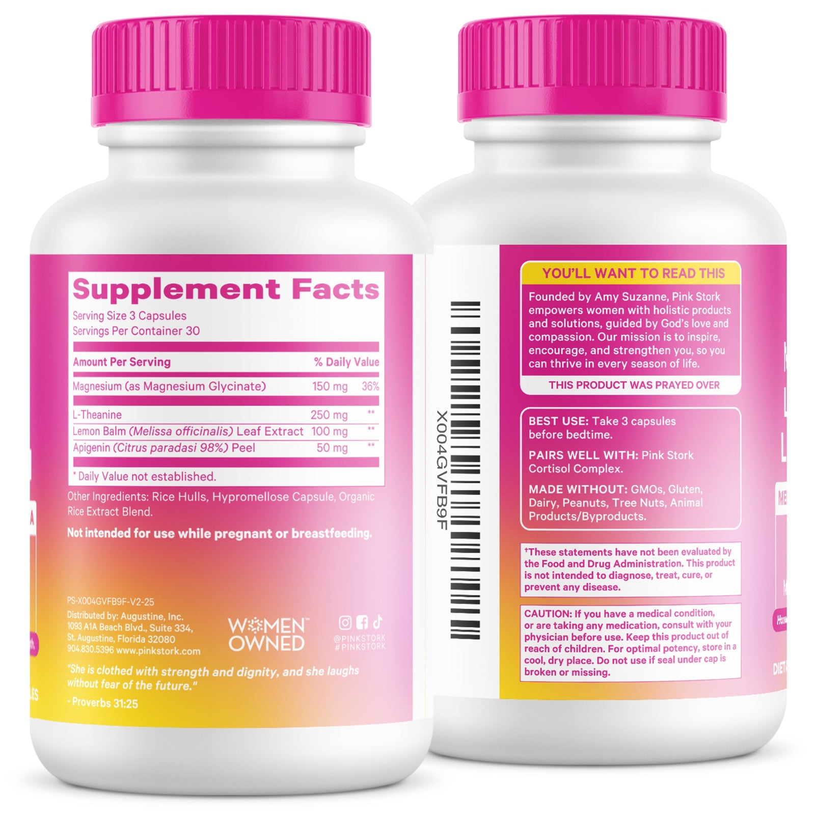 Two supplement bottles with pink caps and labels on a white background