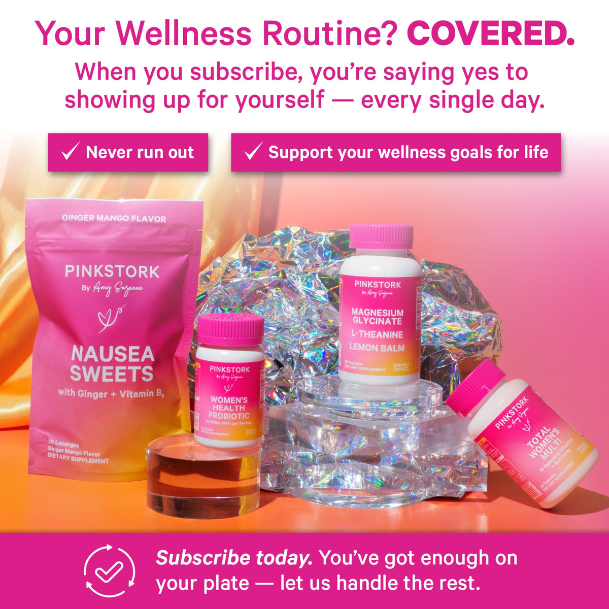 Pink Stork products on orange backtground