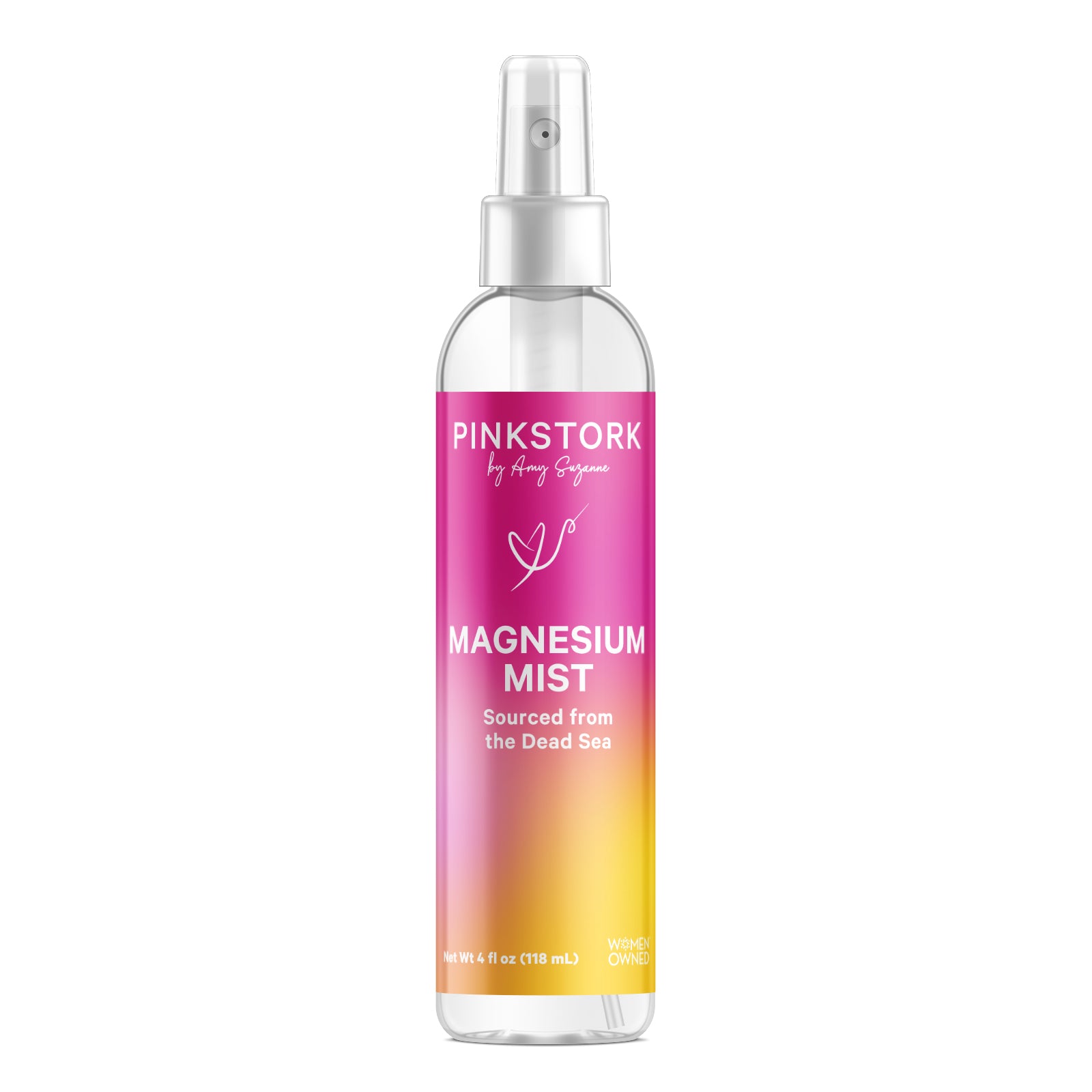 Clear spray bottle with gradient label on a white background