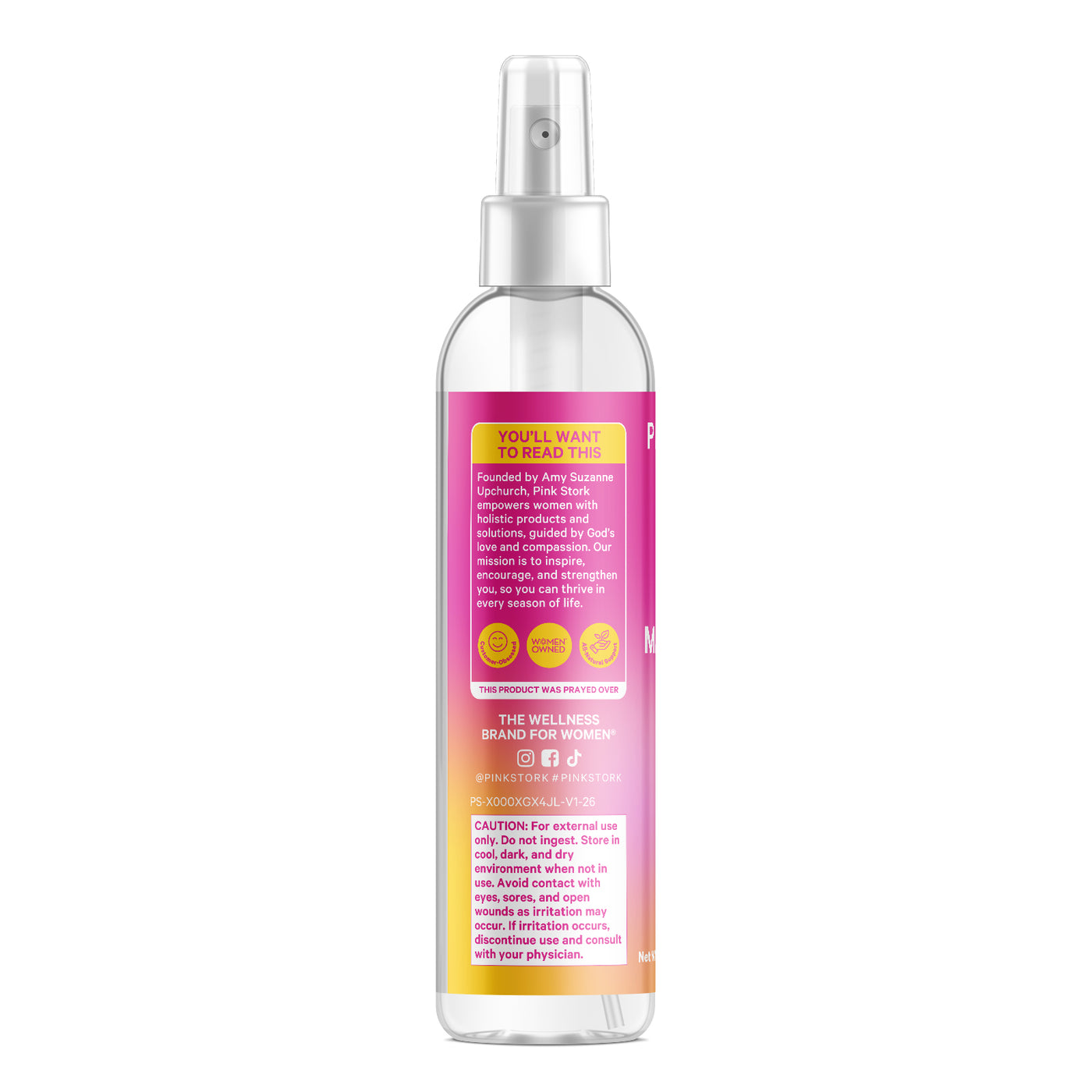 Clear spray bottle with gradient label on a white background