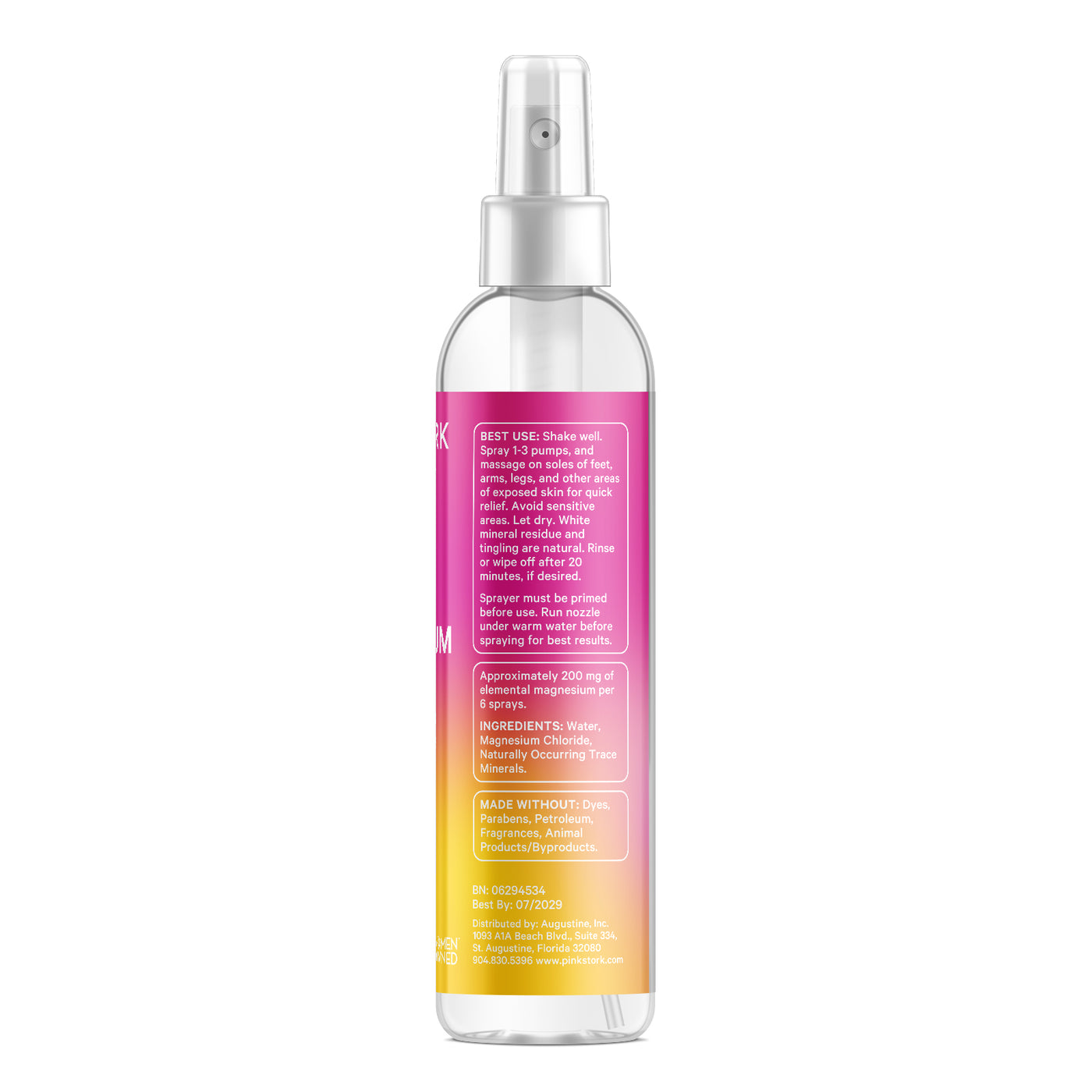 Clear spray bottle with gradient label on a white background