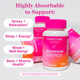 Four bottles of Pink Stork Magnesium leaning against each other. Highly absorbable to support stress + relaxation, sleep + energy, mood + well-being, and bone + muscle health.