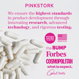 Supplement capsules spilling across the bottom left corner. List of press logos that Pink Stork has been featured in.