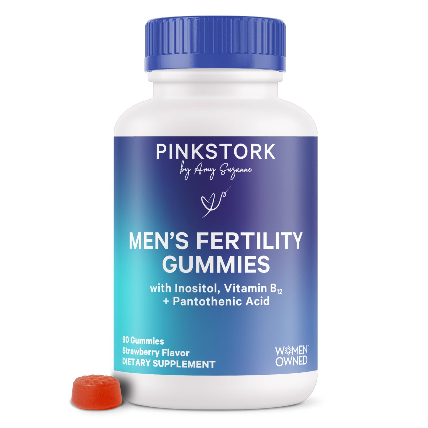 Bottle of Pink Stork Men's Fertility Gummies on a white background
