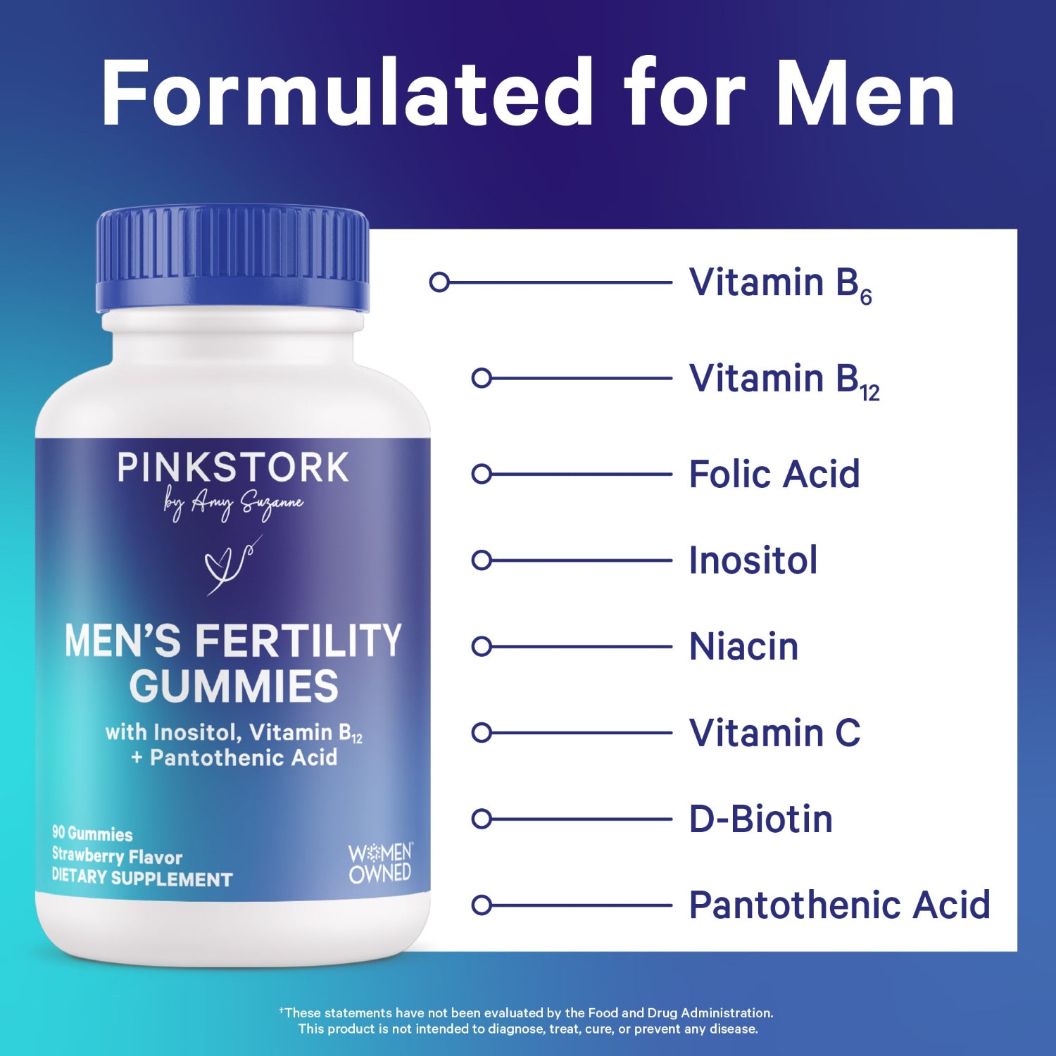 Men's fertility gummies bottle with vitamins listed on a blue gradient background