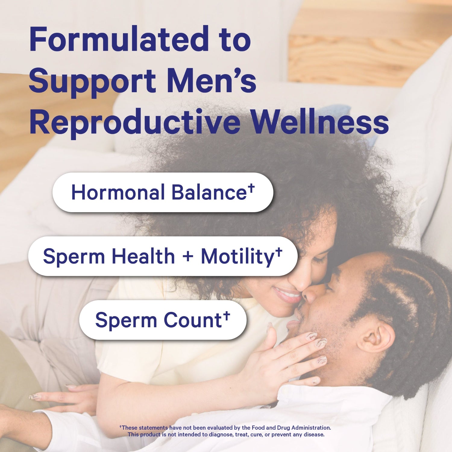 Advertisement for men's reproductive wellness support with a couple embracing.