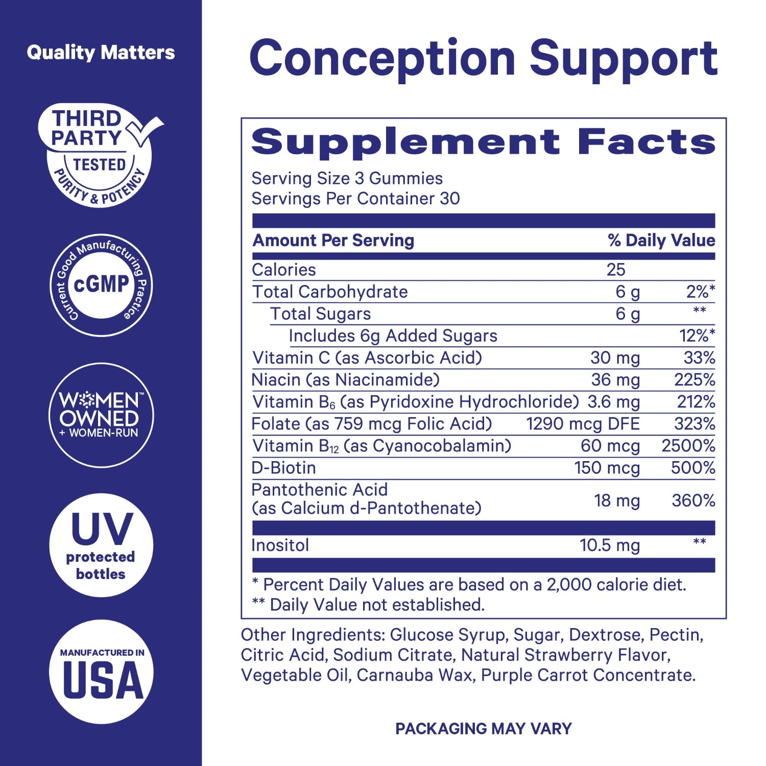 Supplement facts label for conception support gummies with various certifications on a blue background.