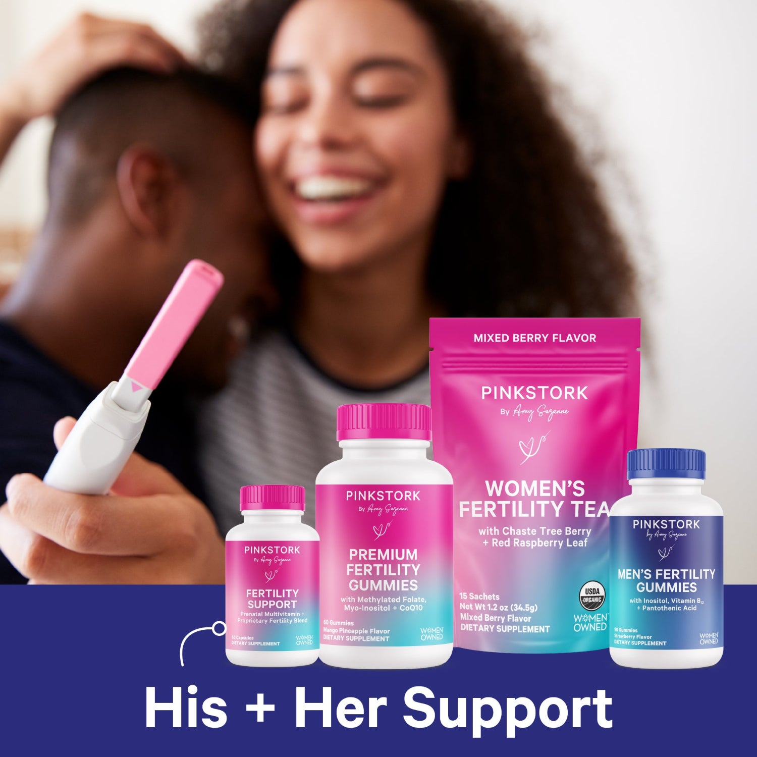 Pink Stork fertility support products with a couple embracing in the background.
