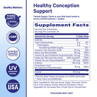 Pink Stork Men’s Fertility Gummies supplement facts panel showing vitamins, inositol, and strawberry flavored gummy serving size.