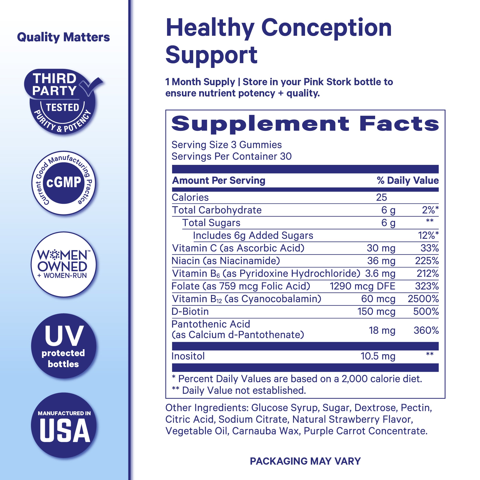 Pink Stork Men’s Fertility Gummies supplement facts panel showing vitamins, inositol, and strawberry flavored gummy serving size.