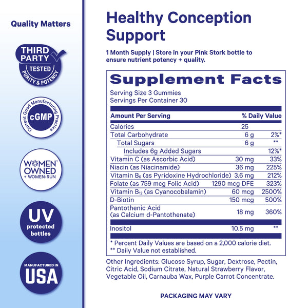 Pink Stork Men’s Fertility Gummies supplement facts panel showing vitamins, inositol, and strawberry flavored gummy serving size.