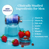 Pink Stork Men's Fertility Gummies bottle laying on its side on a clear prism with gummies and strawberries at the bottom.  New product. Clinically studied ingredients for men.