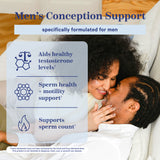 Couple laying in bed smiling at each other while they touch noses. Men's conception support - specifically formulated for men.