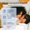 Couple laying in bed smiling at each other while they touch noses. Men's conception support - specifically formulated for men.