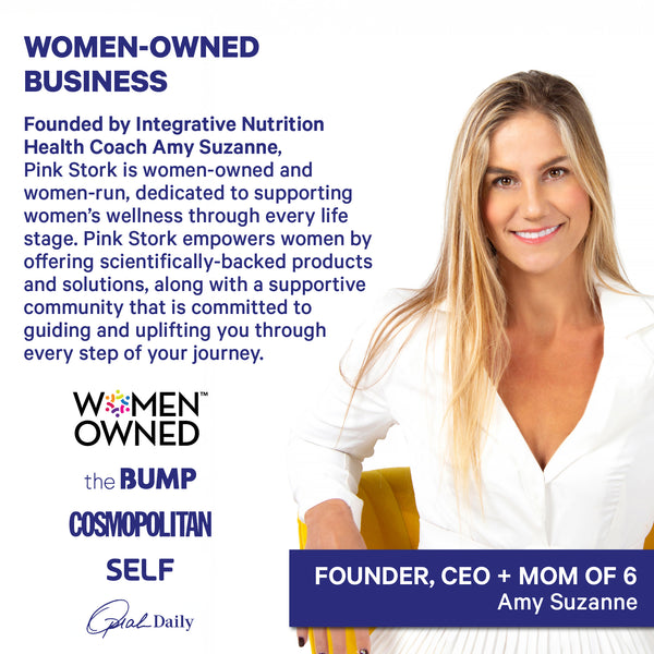 Pink Stork women-owned company founded by integrative nutrition health coach Amy Suzanne.

