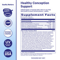 Pink Stork Men’s Fertility Support supplement facts panel showing vitamins, zinc, and proprietary male fertility blend.