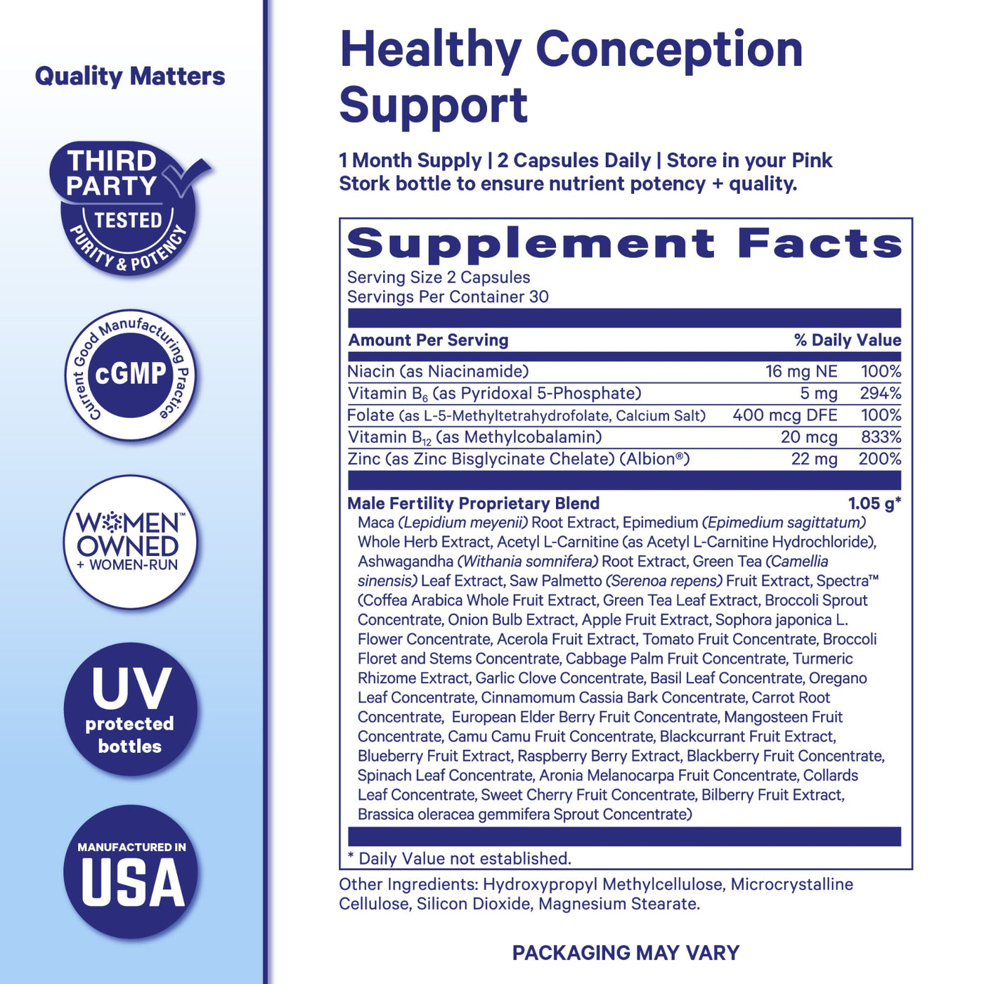 Supplement label for 'Healthy Conception Support' with supplement facts and quality assurance badges on a blue background.