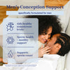 Couple smiling at each other while touching noses and laying in bed. Men's conception support - specifically formulated for men. List of benefits.